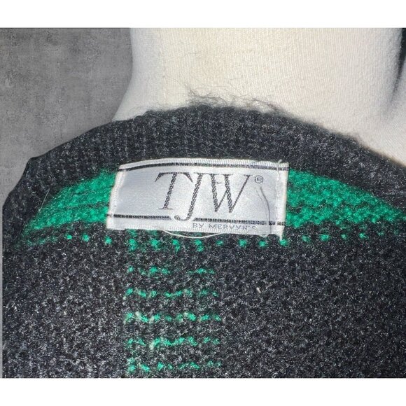 Vintage TJW By Mervyns Black & Green Plaid Knit Cardigan Sweater Size Large Pock - Picture 3 of 16